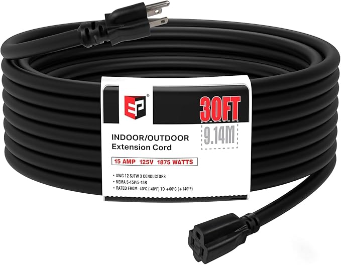 EP 30 Ft Outdoor Extension Cord - 12/3 SJTW Heavy Duty Black Extension Cable with 3 Prong Grounded Plug - Power Cord for Lawn, Garden, Appliances