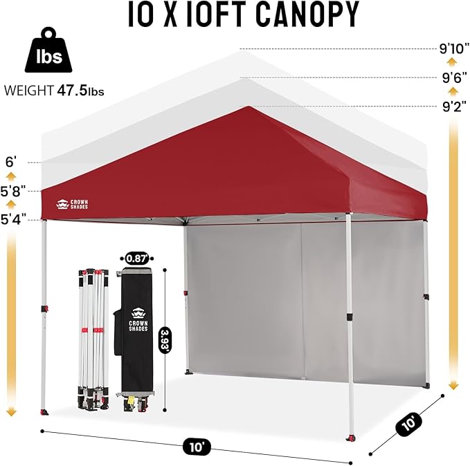 CROWN SHADES 10X10 Comercial Instant Canopy Pop Up Tent with Center Lock, 300D Fabric, 4 Sidewalls, Sto'N Go Bag, Red
