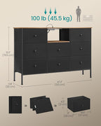 SONGMICS Dresser for Bedroom, Fabric Dresser with Power Outlets and LED Lights, TV Stand for up to 60 Inch TVs, 25 Colors, 11.8 x 47.2 x 31.3 Inches, Ink Black and Rustic Brown ULTS518B01