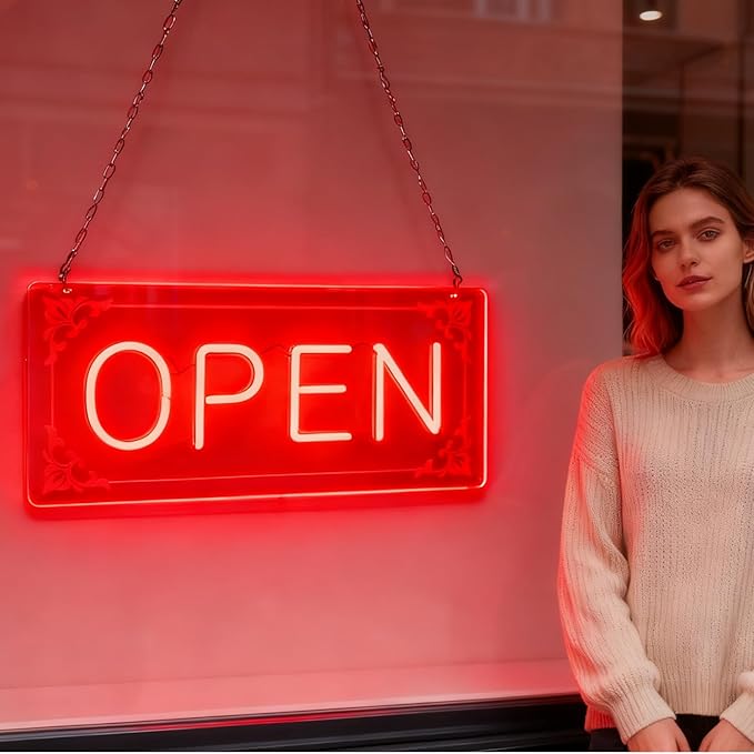 Open Signs for Business, LED Neon Open Sign Lighted Open Lights for Business Window Door Wall Hanging Coffee Snack Bar Restaurant Barbershop Retails Store Shop, USB Power & Dimmab