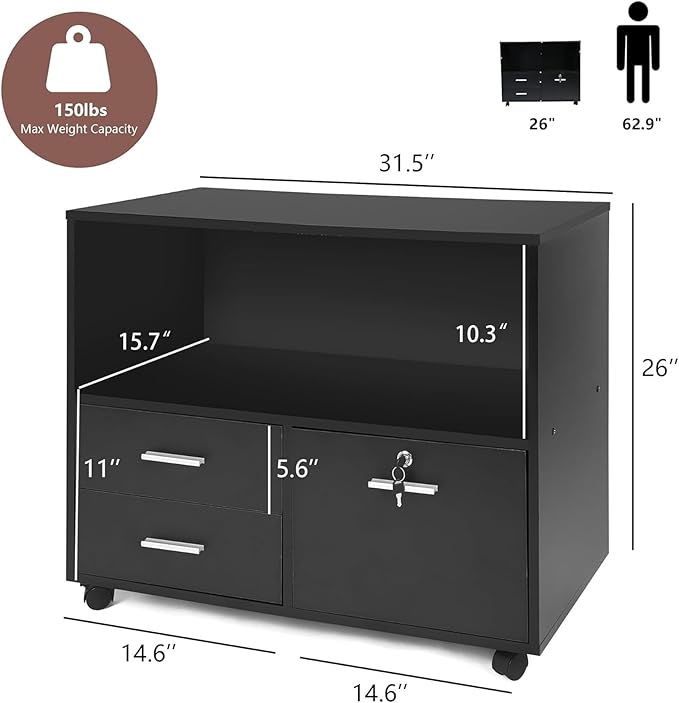 LUCKYERMORE 3-Drawer File Cabinet with Lock, Mobile Home Office Storage Cabinet with Shelves & Printer Stand, Black