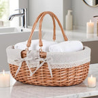 Large Wicker Picnic Basket with Handles,Handle Sturdy Woven Body with Removable and Washable Lining,Outdoor Camping,Gift Packing,Garden Picking, Storage.White Flower