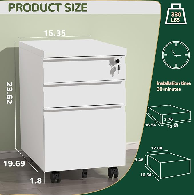 3 Drawer File Cabinet with Lock, Metal Mobile Filing Cabinet on Wheels, Under Desk Storage Cabinet for Home Office, Deep Drawers for Letter/Legal/A4 Files with Anti-Tip Design (White)