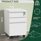 3 Drawer File Cabinet with Lock, Metal Mobile Filing Cabinet on Wheels, Under Desk Storage Cabinet for Home Office, Deep Drawers for Letter/Legal/A4 Files with Anti-Tip Design (White)