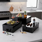3 Pack Extra Large Acrylic Buffet Risers - 15”, 14”, 13” Black Display Stands with Hollow Bottoms, Cube Riser Boxes Nesting for Dessert Food Catering Buffet Display Party Supplies