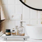 White Wooden Bathroom Tray Wood Riser Pedestal Stand Dish Soap Dispenser Holder for Kitchen Counter Bathroom Decor Decorative Kitchen Sink Countertop Trays Farmhouse Organizer Accessories Vanity Tray