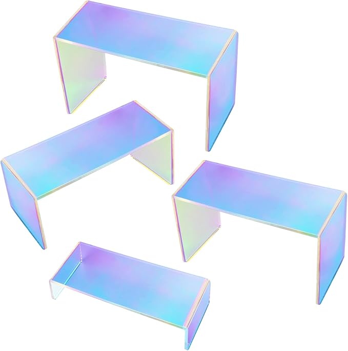 ELEGANTLIFE Acrylic Display Riser,4.3mm Heavy Duty Crystal Display Stand Shelf Layered Aesthetic, Jewelry Display Shelf Risers for Décor,4 Pack Set Multi-color (Iridescent)