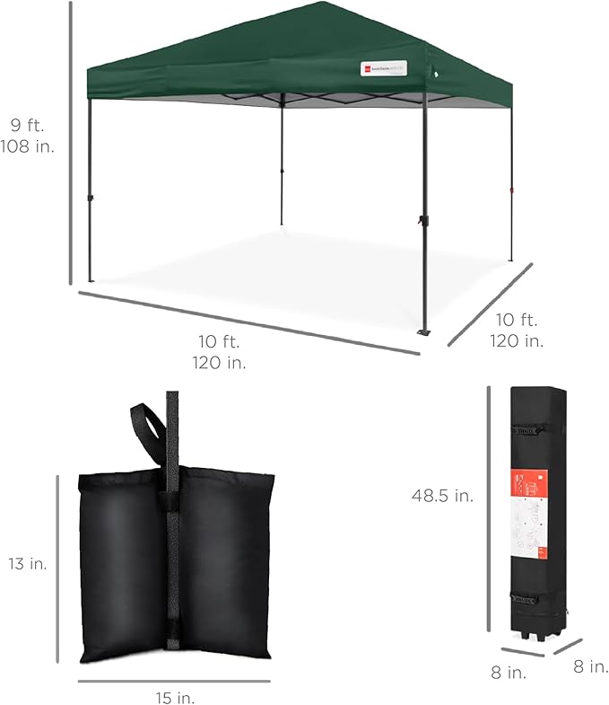 Best Choice Products 10x10ft 1-Person Setup Pop Up Canopy Tent Instant Portable Shelter w/ 1-Button Push, Case, 4 Weight Bags - Dark Green