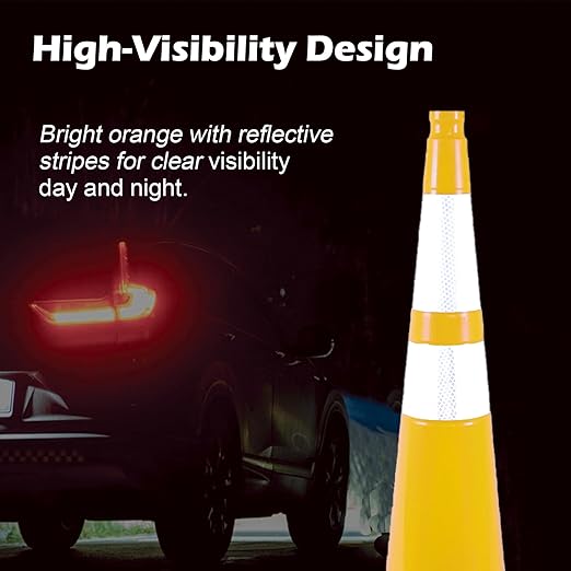 8 Pack 36 Inch Yellow Traffic Cones with Reflective Strips, Large Black Base Safety Cones for Industrial Sites, Warehouses and Emergency Marking (8, Yellow, 36 Inch)