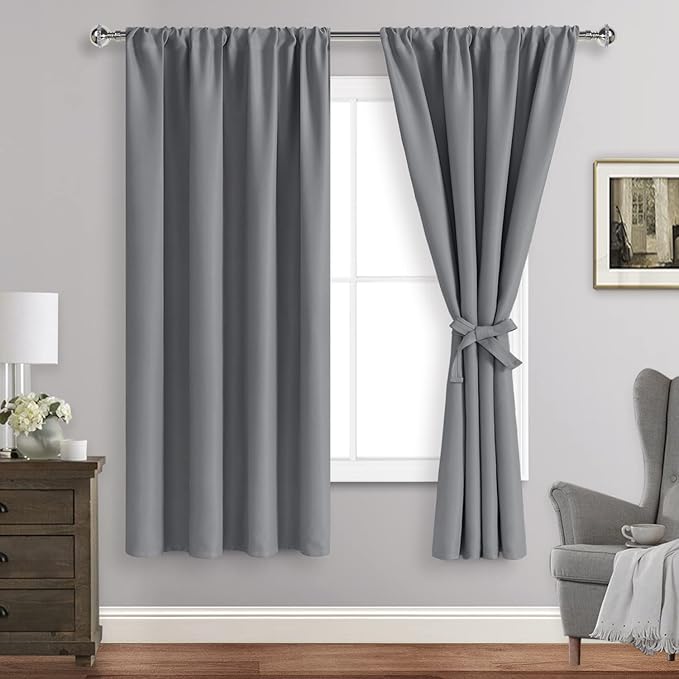 JIUZHEN Blackout Curtains for Bedroom/Living Room - Thermal Insulated Room Darkening Rod Pocket Curtains for Living Room, Set of 2 Panels with Tiebacks, 42 x 63 Inch Length, Light Grey
