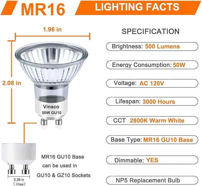 Vinaco 10 Pack Halogen GU10 120V 50W Candle Warmer Bulb Dimmable, MR16 GU10 C 120V 50W 2800K Warm White, 50 watt Halogen Light Bulb for Candle Warmer Lamp Replacement, Track Lighting