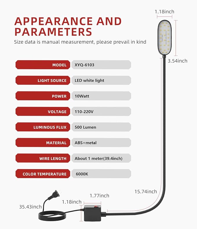 5W Magnetic Work Light, 500 Lumen LED Flexible Gooseneck Lamp with Magnetic Base for Sewing Machines, Industrial Lathes, Grills, Workbenches