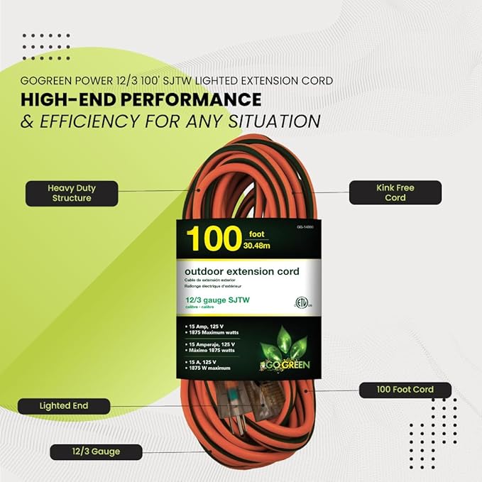 Go Green Power Inc. (GG-14000) 12/3 SJTW Outdoor Extension Cord, Lighted End, Orange, 100 ft