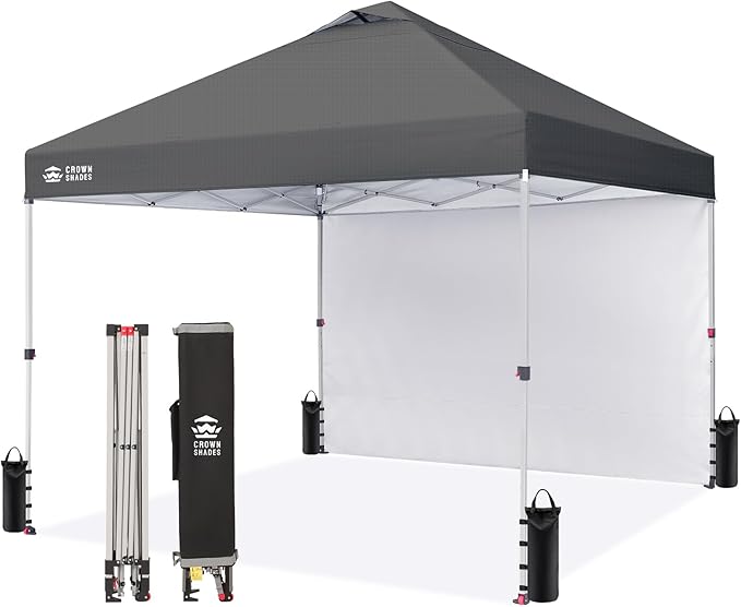 CROWN SHADES 10x10 Pop Up Canopy with 1 Side Wall - Beach Tent with One Push Setup - Outdoor Sun Shade for Events, Parties, Camping - Gazebo with STO-N-Go Cover Bag (Grid Grey)