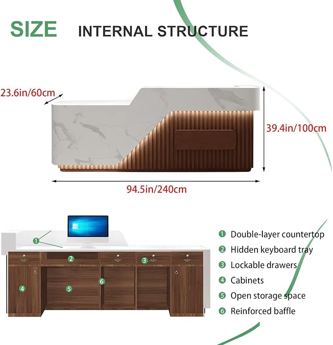 Modern Reception Desk with Counter Front Reception Table with Hidden LED Lighting Commercial Receptionist Desk White and Brown Checkout Counter Fully Assembled and Ready to Use 94inch