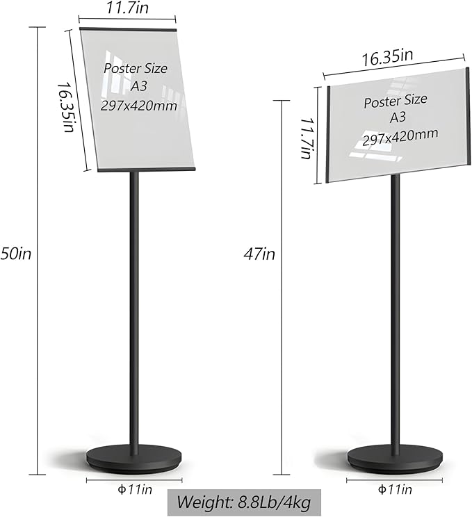 Adjustable Pedestal Floor Standing Sign Holder Stand,Outdoor Indoor Standing Display Poster Holder Stand For Businesses,Advertising,Menu,Guide signs A3(11.7x16.5in)-Black