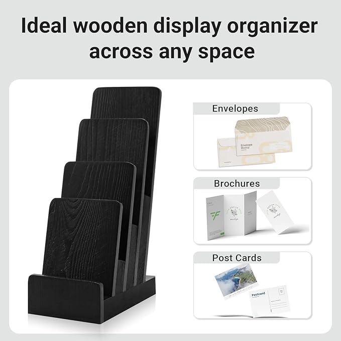 2 Pack Black Brochure Holder wood Literature Holder 4-Tier Countertop Trifold Flyer Display Stand Pamphlet Booklet Menu 4×6 6×9 Inch Postcard Greeting Card Organizer