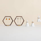 GemeShou 3pcs Wooden stud earring organizer holder, walnut earring hangers with brass base, Small Cute earring display for selling with 9 holes for each【Hexagon frame-3pcs】