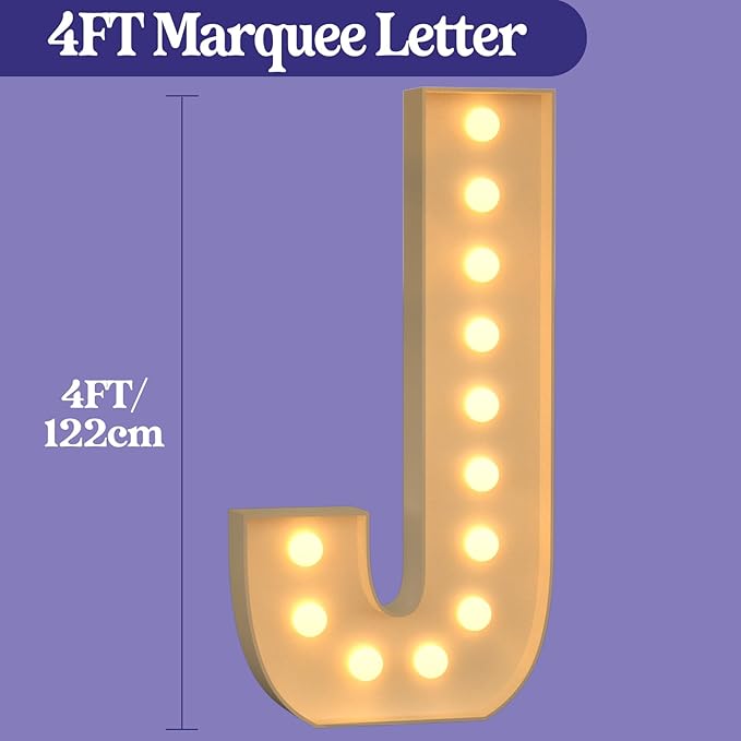 Marquee Letters 4 Feet Tall, 4FT Large Light up Letters J, Big Sign J with Warm White Light for Birthday Wedding Proposal Engagement Graduation Party Backdrop Decorations
