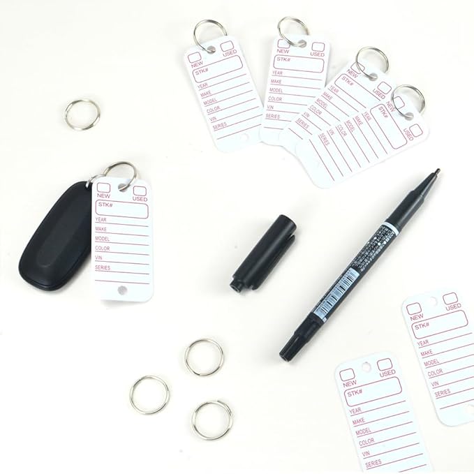 500 Pcs PVC Tags with Labels and Rings, Car Key for Organization, Identifiers, and Luggage Tags with 4 Pcs Markers, Plastic Keychain Tags for Car, Truck, and Dealer Use