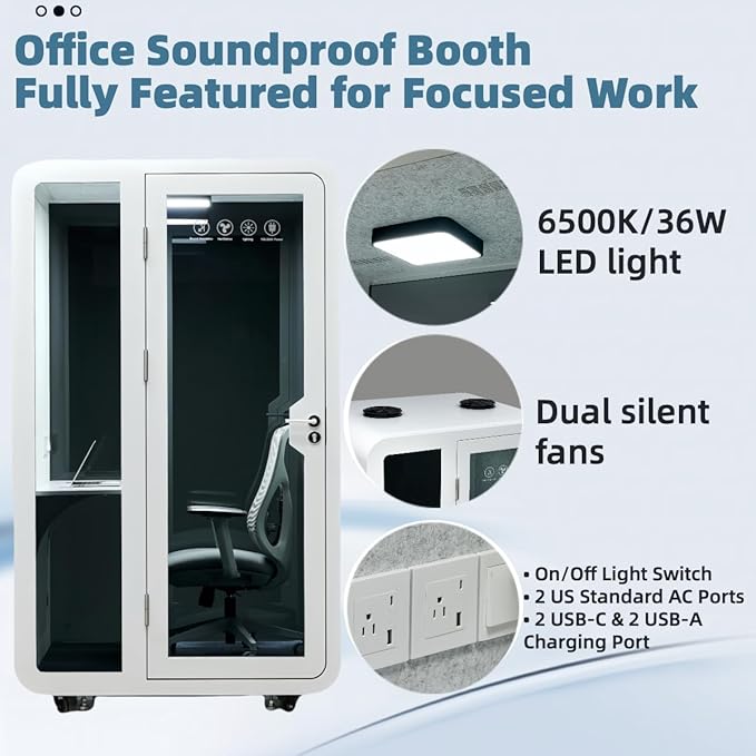 Solo Office Pod, Sound Pod, Mobile Office Pod Booth, SoundProof Booth for Office, Privacy pod, Mobile Roller with Desk, LED Light, Centrifugal Fans and AC USB Ports - White/Smoked Glass