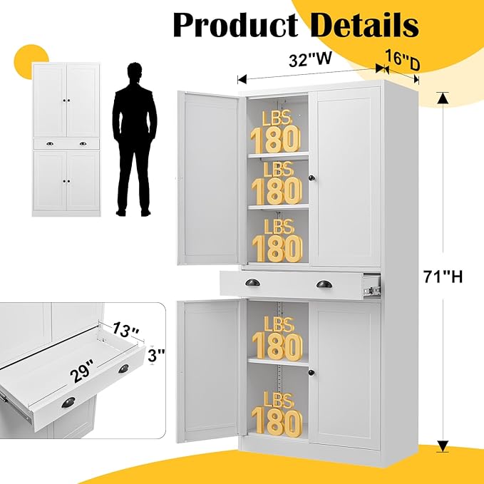 71” Food Pantry Storage Cabinet with Drawer,White Metal Kitchen Pantry Cabinet with Doors and Adjustable Shelves,Tall Storage Cabinets for Pantry,Kitchen,Livingroom