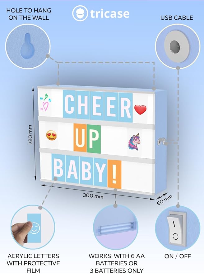 Blue Cinema Light Box with 312 Letters, Emojis & 3 Markers - Led Light Box Sign for Home & Blue Bedroom Decor for Girls - Light Up Letter Board - Best Gift Idea for Girls on Birthday
