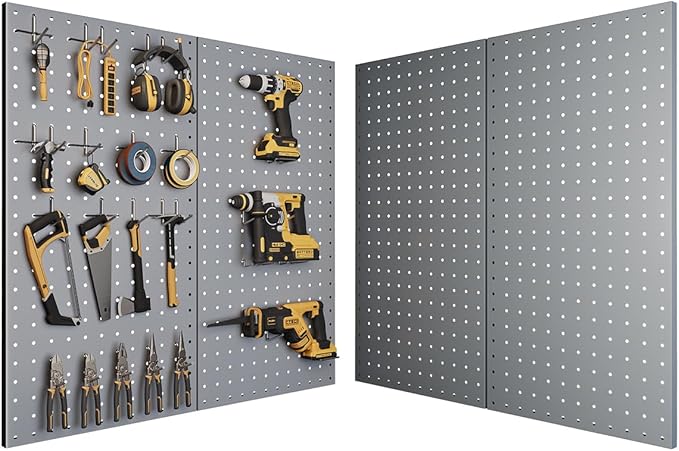 Pegboard, Metal Peg Board, Pegboards Wall Organizer with 38 Pcs Hooks, Sturdy Peg Board for Garage Tool Organization, Home & Office Wall Decoration (Grey, 2 Pack)