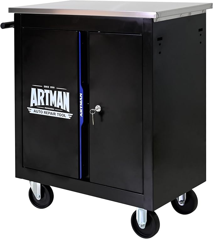 Rolling Tool Chest with 2 Doors and Adjustable Shelves, 25.9" D Movable Lockable Tool Cart Multi-Functional Hardware Storage Cabinet Box Auto Repair Locker