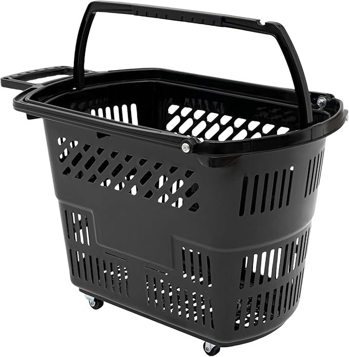 6PCS Plastic Shopping Basket with Handles & Wheels, 35L Rolling Shopping Carts, Grocery Basket with 4 Wheels and Handle, Portable Shopping Basket for Retail Stores, Supermarkets (6PCS - Black)