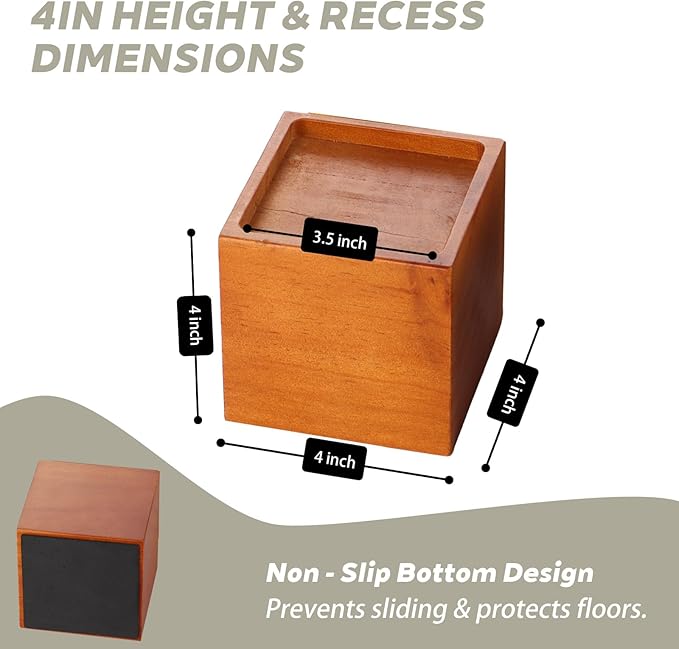 4-Inch Solid Pine Furniture Risers – 2000LBS Capacity, Tool-Free Install, Natural Wood Design for Beds, Sofas & Desks (4 Inch)