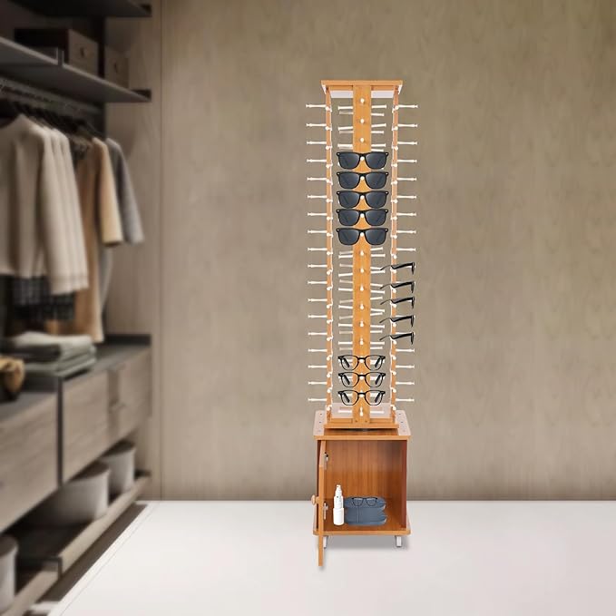 Sunglasses Display Stand, 72 Pairs Wooden 360° Rotating Sunglass Eyeglass Holder Organizer, Glasses Hanger Storage Rack for Retail Commercial Display, L14.2*H66.1in, Brown