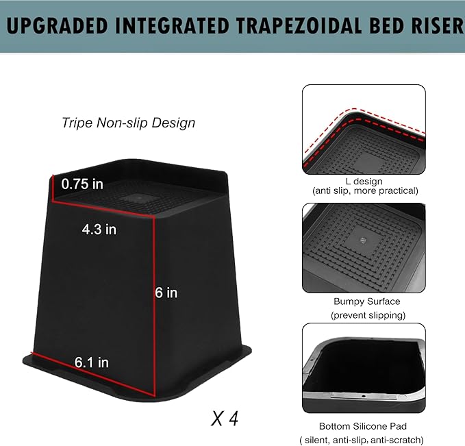 Bed Risers 6 inch Heavy Duty, Oversized Furniture Riser with Non-Slip Base for Sofa Couch Chair Desk Table Leg Dorm Bed Frame Lifts Risers Blocks Supports Up to 6,500 Lbs (Black 4 Pack)