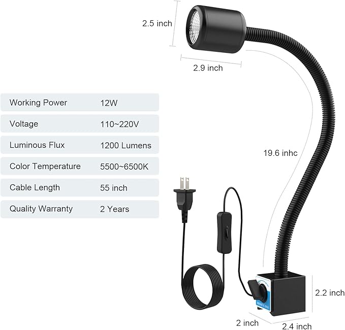 LED Machine Light with Strong Magnetic Base and Flexible Gooseneck for Lathe and Drill Press, 1200 Lumens, 12W 120V