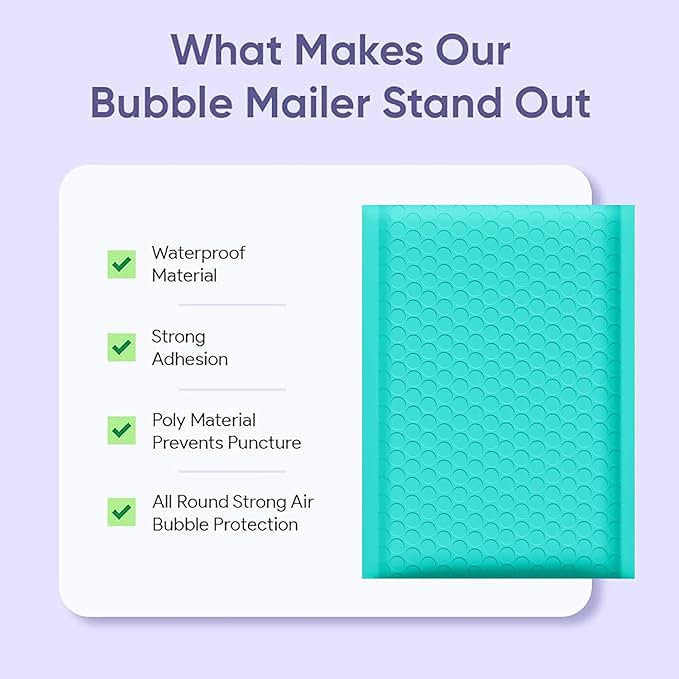 Teal 8.5x14.5 Inch Poly Bubble Mailers #3 | Self Seal Padded Envelopes | Air Cushioned Bubble Mailer | Usable Size 8.5x13.5 Inch | 100 Pack Bulk | Waterproof | Lightweight Mailing Shipping Bags