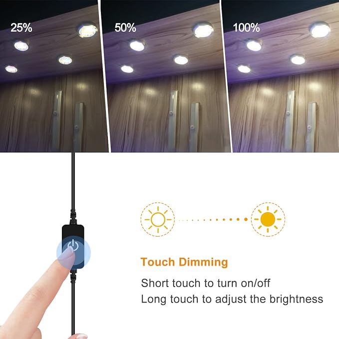 YGS-Tech LED Under Cabinet Lighting Kit, 1020 Lumens LED Puck Light, 5000K Daylight White, CRI90+, Touch Dimming, Silver Trim All Accessories Included, for Kitchen, Closet Lights, Safe Light, 3-Pack