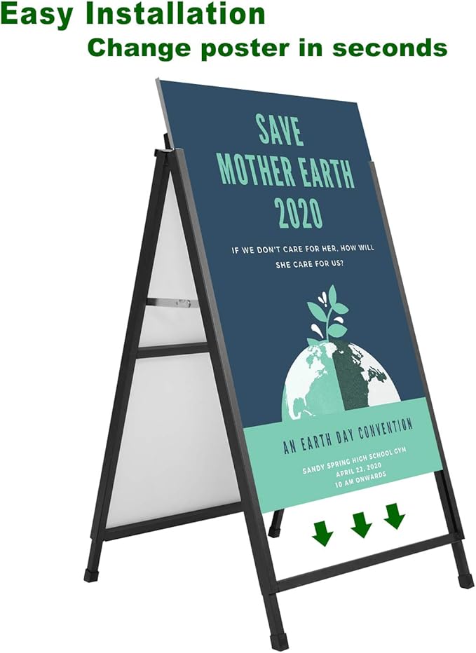Heavy Duty A-Frame Sidewalk Sign 24 x 36 Inch, Portable Double-Sided Sandwich Board Slide-in Folding Metal Signboard with 2 Plastic Poster Boards