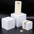 Clisela 3pcs Acrylic Cube Display Stands Box Risers with Hollow Bottoms, Food Risers for Buffet Table, Decorative Display Stand Shelf for Dessert Collectibles Jewelry Figures Show - White 3" 4" 5"