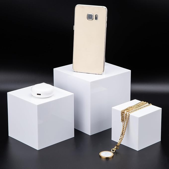 Clisela 3pcs Acrylic Cube Display Stands Box Risers with Hollow Bottoms, Food Risers for Buffet Table, Decorative Display Stand Shelf for Dessert Collectibles Jewelry Figures Show - White 3" 4" 5"