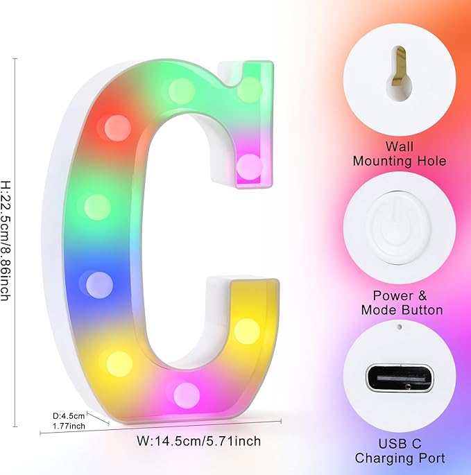 mooncow Rechargeable Light Up Letters,Colorful Marquee Letters with Remote,Gift Wrap Gifts,Bedroom Home Bar Party Decor (C)