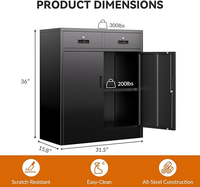 BESFUR 36" H Metal Storage Cabinet with 2 Lockable Drawers and 2 Lockable Doors, Black Locking Cabinet with Adjustable Shelf, Metal Cabinet for Home Office, Garage,School, Warehouse, Utility Room