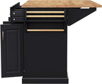 Yayzy Rolling Kitchen Island with Drop Leaf, 4 Cabinet Doors, 3 Drawers & Side Storage Racks, Mobile Kitchen Cart with Rubberwood Top & Locking Wheels for Dining Room & Kitchen, 54-Inch, Black