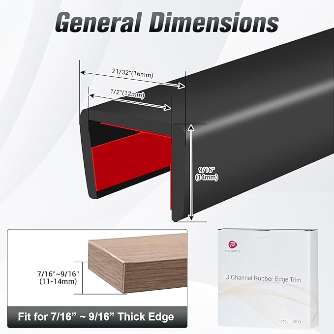 Rubber Edge Trim, Self Adhesive U Channel Edge Trim, Big Size U Shaped Trim, Edge Banding for Plywood, Woods, Shelf, Cabinet, Countertop, Size 1/2", Length 20Ft, Black