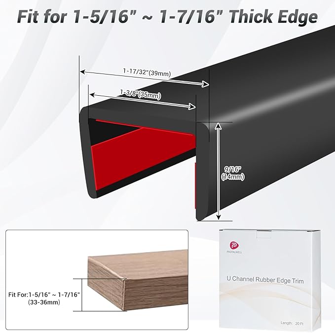 Rubber Edge Trim, 1-3/8 inch (35mm) Wide U Channel Edge Trim, Big Size U Shaped Trim, Self Adhesive Edge Banding for Plywood, Woods,Interior Doors, Countertop, Length 20Ft, Black