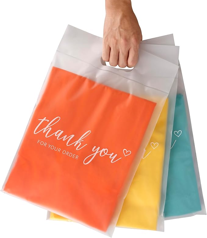 JinRuiKJ Frosted T-Shirt Bags with Handle, Thank You Bags for Small Business, Durable Self-Sealing Packaging Bags for Clothing, Boutique & Shipping - 10x13 Inch 100 Pcs