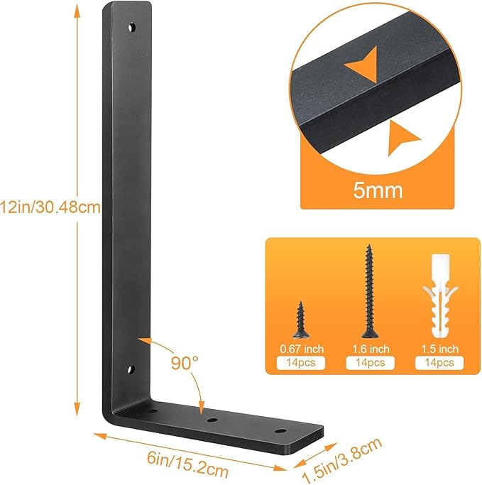 Floating Shelf Bracket 12 Inch, 10 Pack Heavy Duty Shelf Brackets, Black Wall Shelf Bracket for DIY Decorative with Mounting Hardware