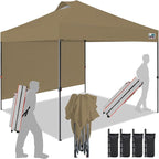 Eurmax USA NOMATTER ONE-Person Open&Close 10x10ft Pop Up Canopy Tent,Portable Shelter Canopy for Outdoor Events with 1 Removable Sidewall,Instant Canopies,Temporary Sunshade,Bonus 4 Sand Bags(Khaki)