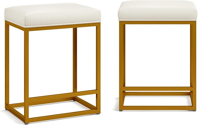 MAISON ARTS White & Gold Counter Height 24" Bar Stools Set of 2 for Kitchen Counter Modern Barstools Upholstered Faux Leather Square Stools Backless Farmhouse Island Chairs, 24 Inch Height