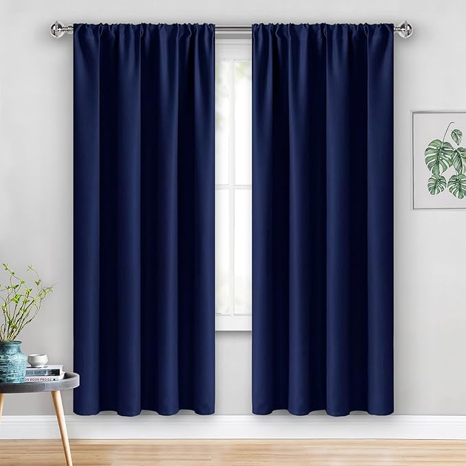 JIUZHEN Blackout Curtains for Bedroom - Thermal Insulated Room Darkening Rod Pocket Curtains for Living Room, Set of 2 Panels with Tiebacks, 52 x 72 Inch Length, Navy Blue