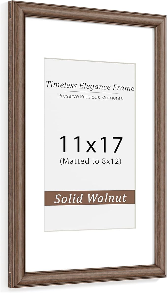 Natural Walnut 11x17 Picture Frames Mat to 8x12 Picture Display,Original Wood Handcrafted Diploma Frame,Wooden Frame 11x17 with Tempered Glass Graduation Family Wedding Certificate Photo Wall Mounted